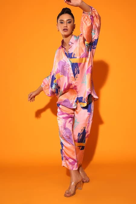Kyra By Nina + Deepika Multi Color Modal, Satin Collared Shirt And Pant Set