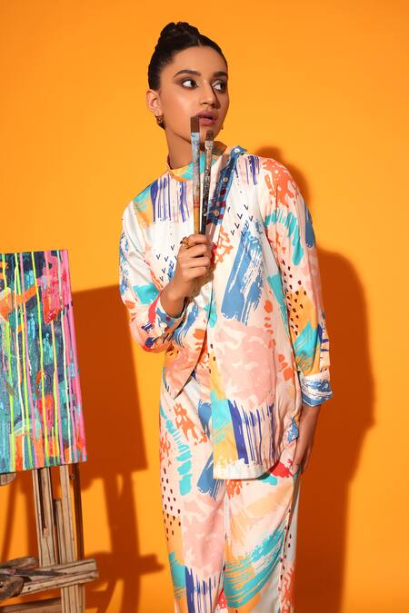 Shop Kyra By Nina + Deepika Multi Color Tencel Round Neck Da Vincis Love Affair Hand Painted Top With Pant Online at Aza Fashions Shop_Kyra By Nina + Deepika_Multi Color Tencel Round Neck Da Vincis Love Affair Hand Painted Top With Pant _Online_at_Aza_Fashions