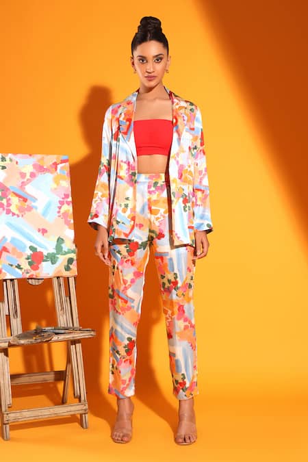 Kyra By Nina + Deepika Multi Color Modal, Satin Dalis Imagination Abstract Pattern Jacket Pant Set Online at Aza Fashions Kyra By Nina + Deepika_Multi Color Modal, Satin Dalis Imagination Abstract Pattern Jacket Pant Set _Online_at_Aza_Fashions