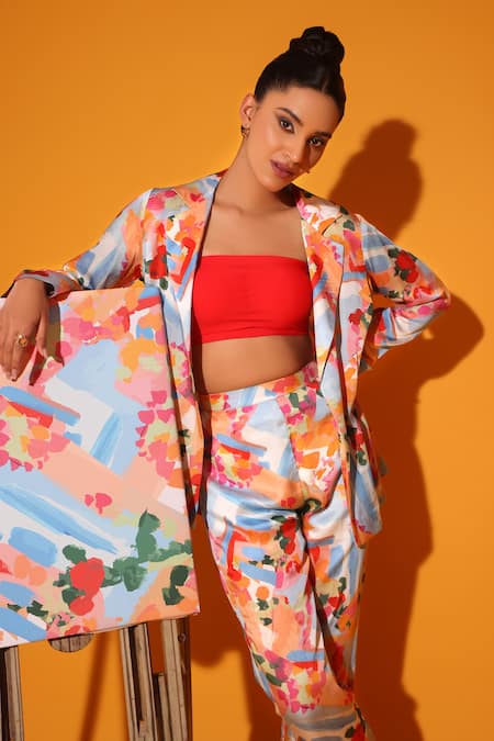 Shop Kyra By Nina + Deepika Multi Color Modal, Satin Dalis Imagination Abstract Pattern Jacket Pant Set Online at Aza Fashions Shop_Kyra By Nina + Deepika_Multi Color Modal, Satin Dalis Imagination Abstract Pattern Jacket Pant Set _Online_at_Aza_Fashions