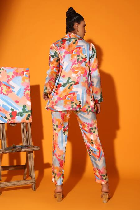 Shop Kyra By Nina + Deepika Multi Color Modal, Satin Dalis Imagination Abstract Pattern Jacket Pant Set at Aza Fashions Shop_Kyra By Nina + Deepika_Multi Color Modal, Satin Dalis Imagination Abstract Pattern Jacket Pant Set _at_Aza_Fashions