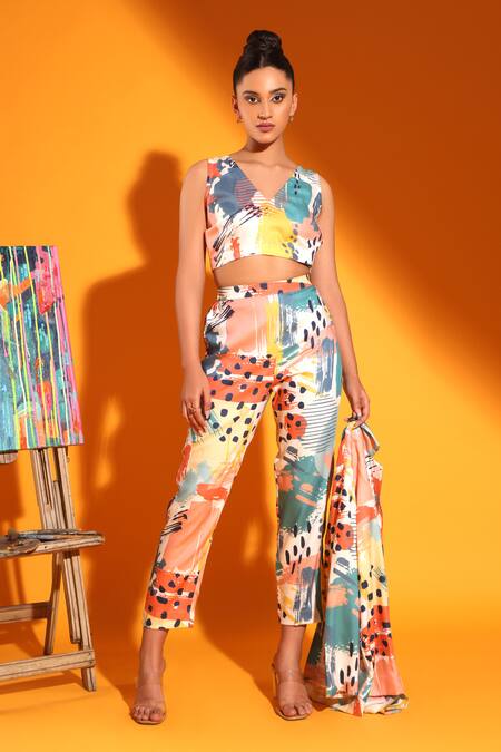 Kyra By Nina + Deepika_Multi Color Tencel Collared Picassos Dream Hand Painted Jacket Pant Set _Online_at_Aza_Fashions