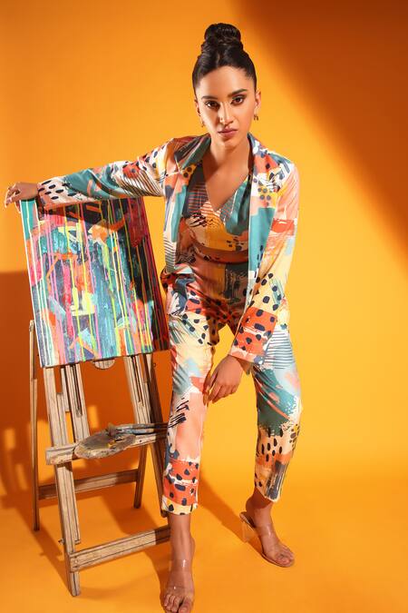 Kyra By Nina + Deepika_Multi Color Tencel Collared Picassos Dream Hand Painted Jacket Pant Set _at_Aza_Fashions