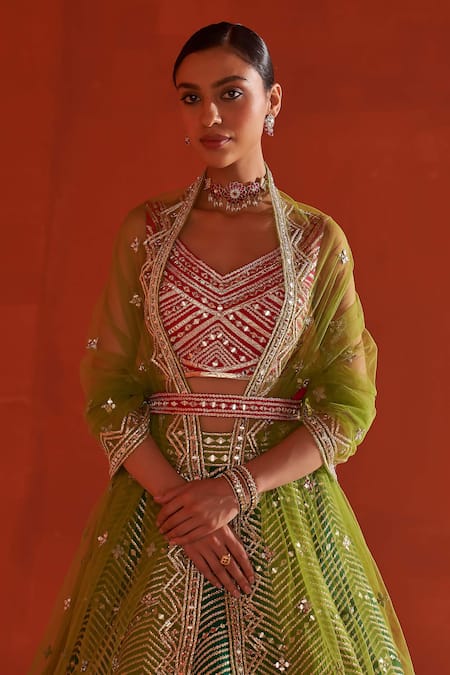 Angad Singh_Multi Color Silk, Crepe Mirrors, Gota Patti Embroidered Panelled Lehenga Set _Online_at_Aza_Fashions