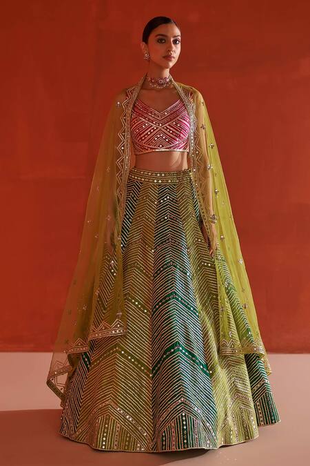 Buy_Angad Singh_Multi Color Silk, Crepe Mirrors, Gota Patti Embroidered Panelled Lehenga Set _Online_at_Aza_Fashions