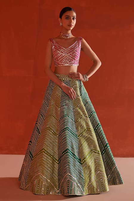 Shop_Angad Singh_Multi Color Silk, Crepe Mirrors, Gota Patti Embroidered Panelled Lehenga Set _Online_at_Aza_Fashions