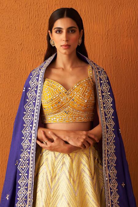 Angad Singh_Yellow Silk, Crepe Gota Patti, Sequins, Chevron Pattern Embroidered Lehenga Set _Online_at_Aza_Fashions