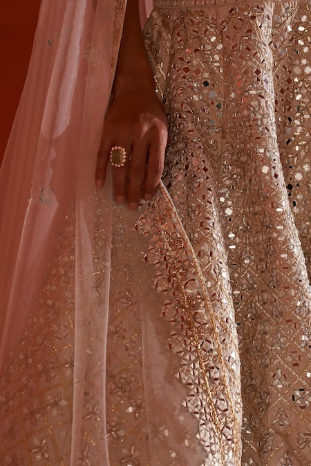 Angad Singh_Ivory Silk, Crepe Mirrors, Embroidery Plunge Neck And Gota Bridal Lehenga Set _Online_at_Aza_Fashions