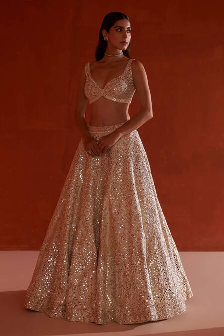 Buy_Angad Singh_Ivory Silk, Crepe Mirrors, Embroidery Plunge Neck And Gota Bridal Lehenga Set _Online_at_Aza_Fashions