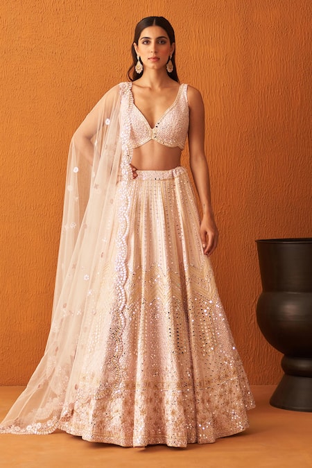 Angad Singh Pink Raw Silk Embroidered Mirror Deep V Neck Threads And Bridal Lehenga Set