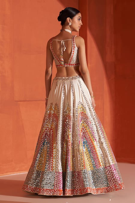 Shop Angad Singh Ivory Silk, Crepe, Chiffon Mirrors, Gota And Embroidered Bridal Lehenga Set at Aza Fashions Shop_Angad Singh_Ivory Silk, Crepe, Chiffon Mirrors, Gota And Embroidered Bridal Lehenga Set _at_Aza_Fashions