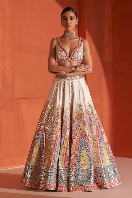 Buy Angad Singh Ivory Silk, Crepe, Chiffon Mirrors, Gota And Embroidered Bridal Lehenga Set Online at Aza Fashions Buy_Angad Singh_Ivory Silk, Crepe, Chiffon Mirrors, Gota And Embroidered Bridal Lehenga Set _Online_at_Aza_Fashions