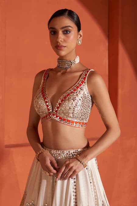 Shop Angad Singh Ivory Silk, Crepe, Chiffon Mirrors, Gota And Embroidered Bridal Lehenga Set Online at Aza Fashions Shop_Angad Singh_Ivory Silk, Crepe, Chiffon Mirrors, Gota And Embroidered Bridal Lehenga Set _Online_at_Aza_Fashions