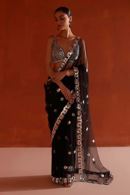 Angad Singh_Black Net Mirrors, Zari V-neck Leather Applique Embroidered Saree And Blouse Set _Online_at_Aza_Fashions