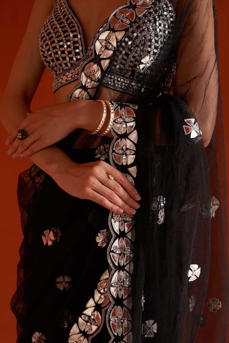 Black Sequins Georgette Saree Set With Belt - Angad Singh