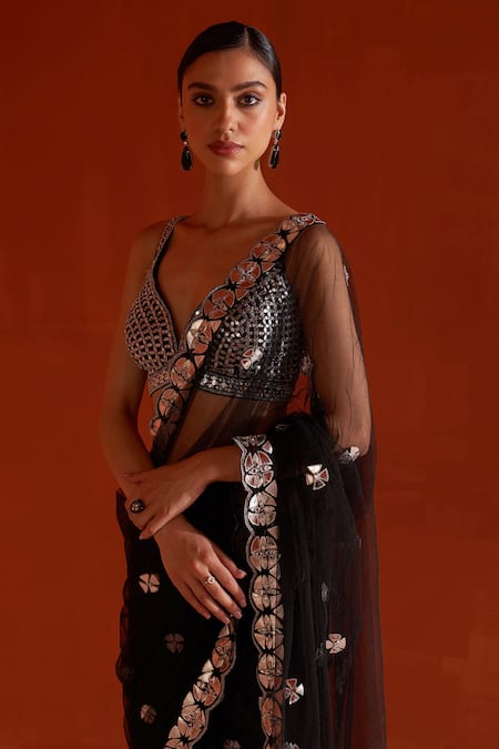 Shop_Angad Singh_Black Net Mirrors, Zari V-neck Leather Applique Embroidered Saree And Blouse Set _Online_at_Aza_Fashions