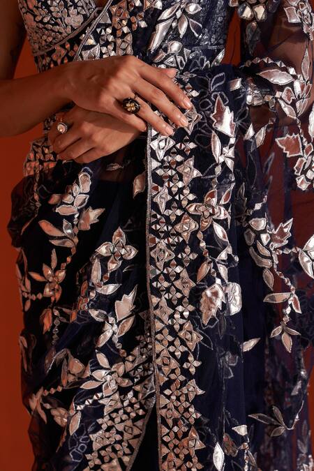 Buy_Angad Singh_Blue Net Zari, Mirrors, Applique V-neck Leather Work Saree And Blouse Set _Online_at_Aza_Fashions