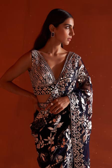 Shop_Angad Singh_Blue Net Zari, Mirrors, Applique V-neck Leather Work Saree And Blouse Set _Online_at_Aza_Fashions
