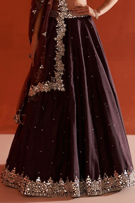 Angad Singh_Brown Silk, Crepe, Chiffon Mirrors, Zari, Sequins And Embroidered Lehenga Set _Online_at_Aza_Fashions