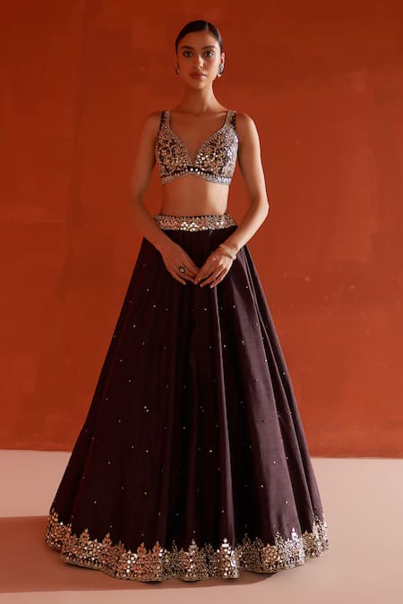 Angad Singh_Brown Silk, Crepe, Chiffon Mirrors, Zari, Sequins And Embroidered Lehenga Set _at_Aza_Fashions