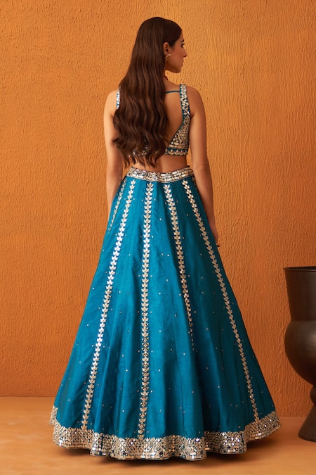Shop Angad Singh Blue Silk, Crepe Mirrors, Sequins, Zari Round Neck And Embroidered Lehenga Set at Aza Fashions Shop_Angad Singh_Blue Silk, Crepe Mirrors, Sequins, Zari Round Neck And Embroidered Lehenga Set _at_Aza_Fashions