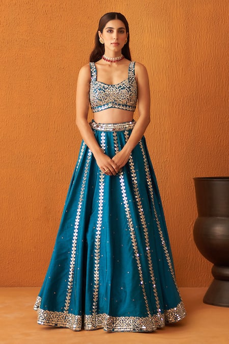 Angad Singh Blue Silk, Crepe Mirrors, Sequins, Zari Round Neck And Embroidered Lehenga Set Online at Aza Fashions Angad Singh_Blue Silk, Crepe Mirrors, Sequins, Zari Round Neck And Embroidered Lehenga Set _Online_at_Aza_Fashions