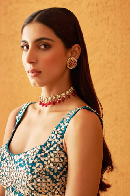 Shop Angad Singh Blue Silk, Crepe Mirrors, Sequins, Zari Round Neck And Embroidered Lehenga Set Online at Aza Fashions Shop_Angad Singh_Blue Silk, Crepe Mirrors, Sequins, Zari Round Neck And Embroidered Lehenga Set _Online_at_Aza_Fashions