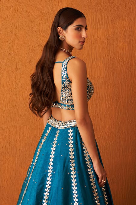Buy Angad Singh Blue Silk, Crepe Mirrors, Sequins, Zari Round Neck And Embroidered Lehenga Set Buy_Angad Singh_Blue Silk, Crepe Mirrors, Sequins, Zari Round Neck And Embroidered Lehenga Set