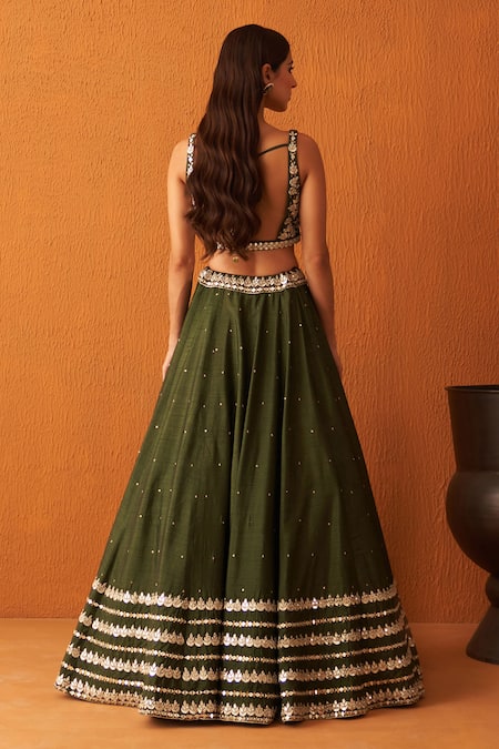 Shop Angad Singh Green Silk, Crepe Mirrors, Sequins, Embroidery Plunge Neck, And Zari Lehenga Set at Aza Fashions Shop_Angad Singh_Green Silk, Crepe Mirrors, Sequins, Embroidery Plunge Neck, And Zari Lehenga Set _at_Aza_Fashions
