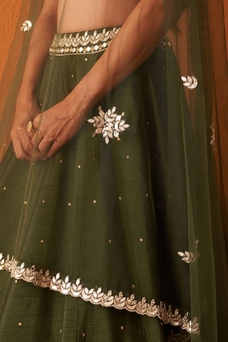 Angad Singh Green Silk, Crepe Mirrors, Sequins, Embroidery Plunge Neck, And Zari Lehenga Set Online at Aza Fashions Angad Singh_Green Silk, Crepe Mirrors, Sequins, Embroidery Plunge Neck, And Zari Lehenga Set _Online_at_Aza_Fashions