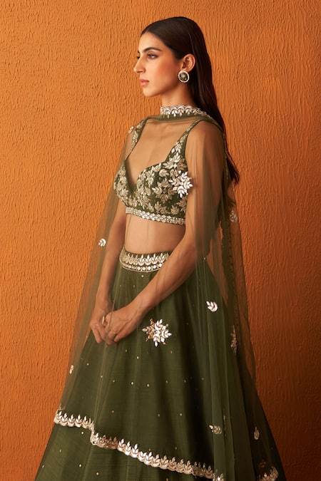 Buy Angad Singh Green Silk, Crepe Mirrors, Sequins, Embroidery Plunge Neck, And Zari Lehenga Set Online at Aza Fashions Buy_Angad Singh_Green Silk, Crepe Mirrors, Sequins, Embroidery Plunge Neck, And Zari Lehenga Set _Online_at_Aza_Fashions