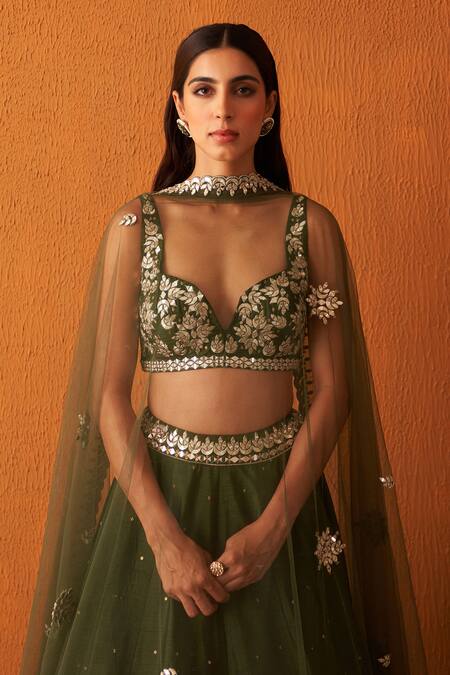 Shop Angad Singh Green Silk, Crepe Mirrors, Sequins, Embroidery Plunge Neck, And Zari Lehenga Set Online at Aza Fashions Shop_Angad Singh_Green Silk, Crepe Mirrors, Sequins, Embroidery Plunge Neck, And Zari Lehenga Set _Online_at_Aza_Fashions