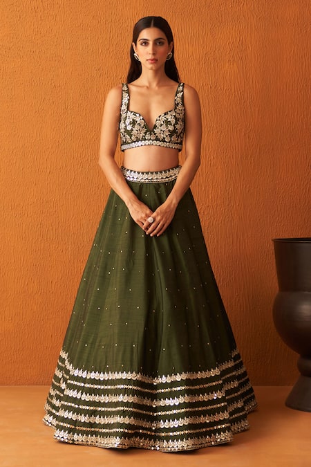 Angad Singh Green Silk, Crepe Mirrors, Sequins, Embroidery Plunge Neck, And Zari Lehenga Set at Aza Fashions Angad Singh_Green Silk, Crepe Mirrors, Sequins, Embroidery Plunge Neck, And Zari Lehenga Set _at_Aza_Fashions