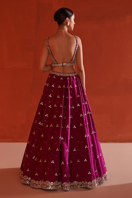 Shop Angad Singh Purple Silk, Crepe Mirrors, Sequins, Zari Plunge Neck And Embroidered Lehenga Set at Aza Fashions Shop_Angad Singh_Purple Silk, Crepe Mirrors, Sequins, Zari Plunge Neck And Embroidered Lehenga Set _at_Aza_Fashions