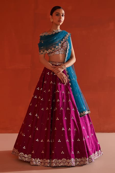 Angad Singh Purple Silk, Crepe Mirrors, Sequins, Zari Plunge Neck And Embroidered Lehenga Set Online at Aza Fashions Angad Singh_Purple Silk, Crepe Mirrors, Sequins, Zari Plunge Neck And Embroidered Lehenga Set _Online_at_Aza_Fashions
