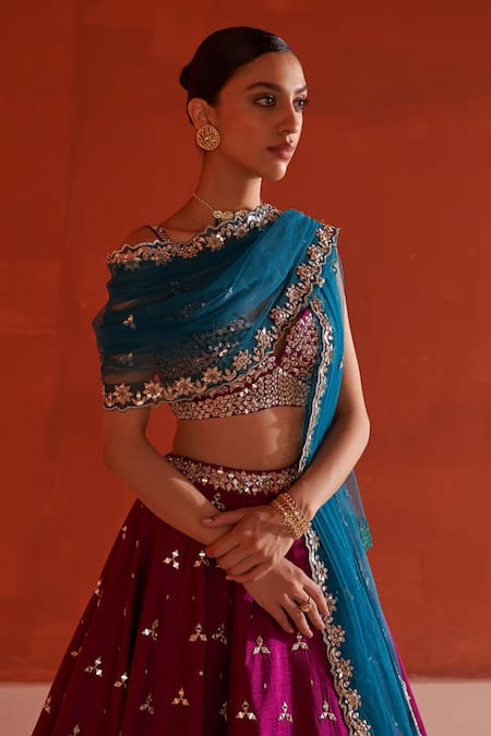 Shop Angad Singh Purple Silk, Crepe Mirrors, Sequins, Zari Plunge Neck And Embroidered Lehenga Set Online at Aza Fashions Shop_Angad Singh_Purple Silk, Crepe Mirrors, Sequins, Zari Plunge Neck And Embroidered Lehenga Set _Online_at_Aza_Fashions