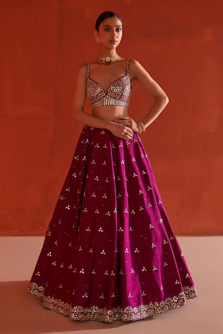 Angad Singh Purple Silk, Crepe Mirrors, Sequins, Zari Plunge Neck And Embroidered Lehenga Set at Aza Fashions Angad Singh_Purple Silk, Crepe Mirrors, Sequins, Zari Plunge Neck And Embroidered Lehenga Set _at_Aza_Fashions