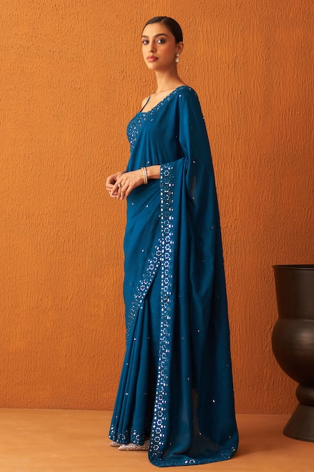 Angad Singh_Blue Silk Mirrors, Embroidery Square Neck Saree And Blouse Set _Online_at_Aza_Fashions