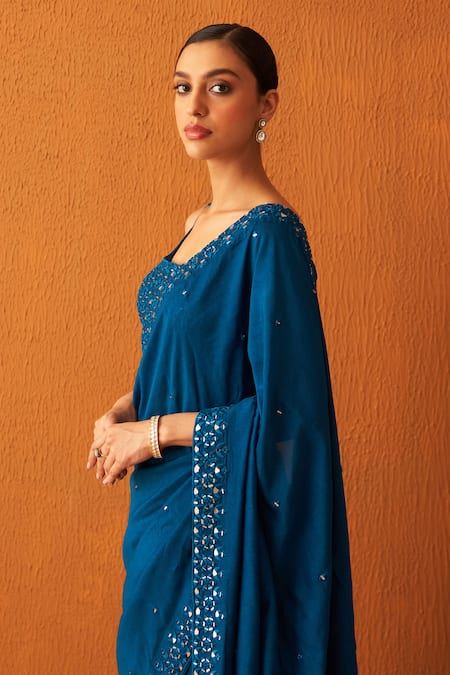Buy_Angad Singh_Blue Silk Mirrors, Embroidery Square Neck Saree And Blouse Set _Online_at_Aza_Fashions