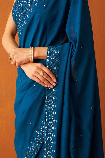 Shop_Angad Singh_Blue Silk Mirrors, Embroidery Square Neck Saree And Blouse Set _Online_at_Aza_Fashions