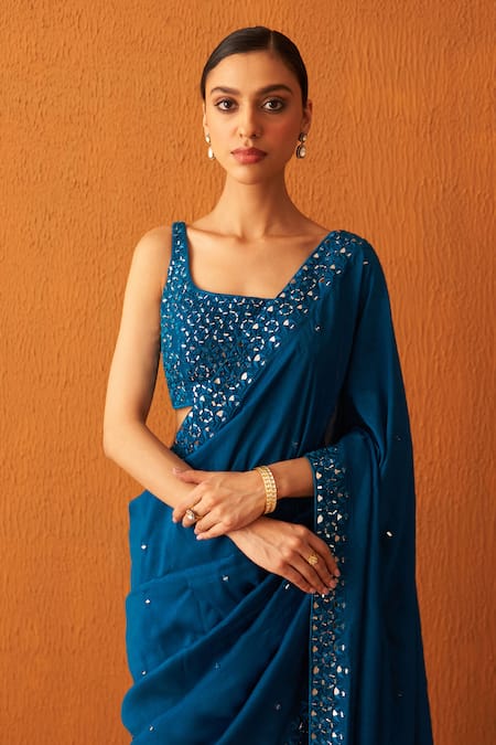 Angad Singh_Blue Silk Mirrors, Embroidery Square Neck Saree And Blouse Set _at_Aza_Fashions