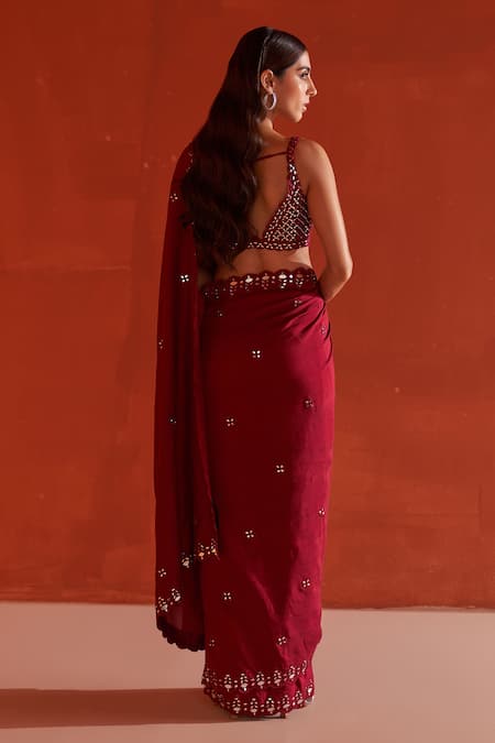 Shop Angad Singh Maroon Silk Mirrors, Embroidery Plunge Neck Work Saree And Blouse Set at Aza Fashions Shop_Angad Singh_Maroon Silk Mirrors, Embroidery Plunge Neck Work Saree And Blouse Set _at_Aza_Fashions