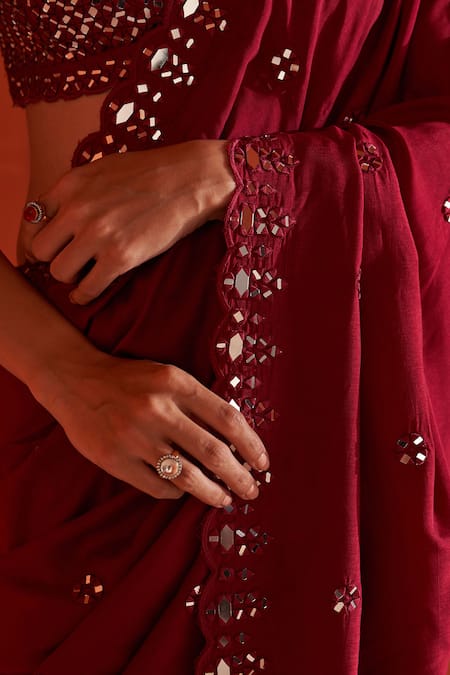 Buy Angad Singh Maroon Silk Mirrors, Embroidery Plunge Neck Work Saree And Blouse Set Online at Aza Fashions Buy_Angad Singh_Maroon Silk Mirrors, Embroidery Plunge Neck Work Saree And Blouse Set _Online_at_Aza_Fashions
