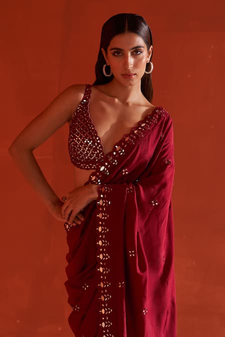 Shop Angad Singh Maroon Silk Mirrors, Embroidery Plunge Neck Work Saree And Blouse Set Online at Aza Fashions Shop_Angad Singh_Maroon Silk Mirrors, Embroidery Plunge Neck Work Saree And Blouse Set _Online_at_Aza_Fashions