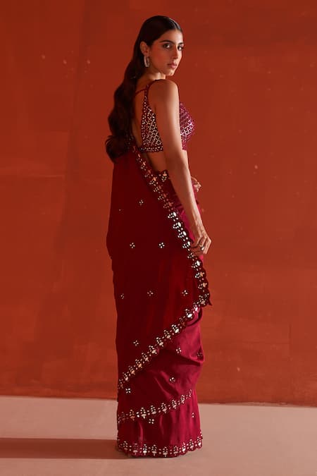 Angad Singh Maroon Silk Mirrors, Embroidery Plunge Neck Work Saree And Blouse Set at Aza Fashions Angad Singh_Maroon Silk Mirrors, Embroidery Plunge Neck Work Saree And Blouse Set _at_Aza_Fashions