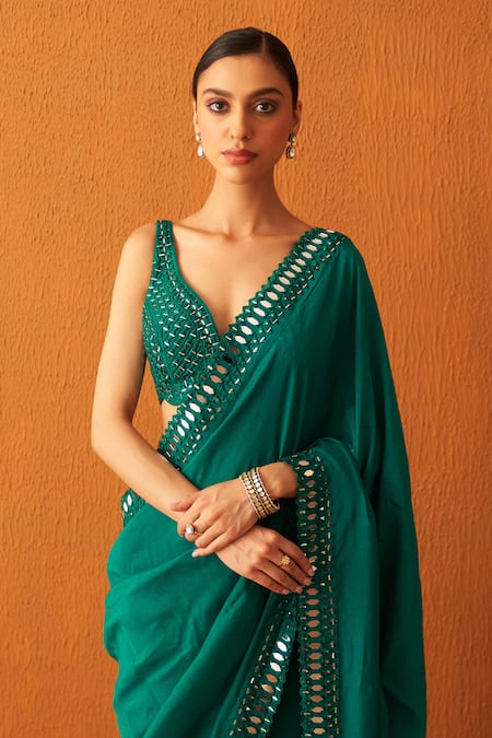 Buy_Angad Singh_Green Silk Mirrors, Embroidery Plunge Neck Saree And Blouse Set _Online_at_Aza_Fashions
