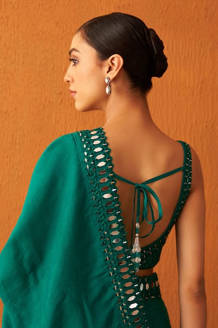 Angad Singh_Green Silk Mirrors, Embroidery Plunge Neck Saree And Blouse Set _at_Aza_Fashions