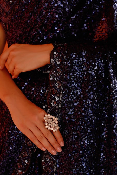 Shop_Angad Singh_Blue Georgette Sequins, Crystals Plunge Neck Embroidered Saree With Blouse _Online_at_Aza_Fashions