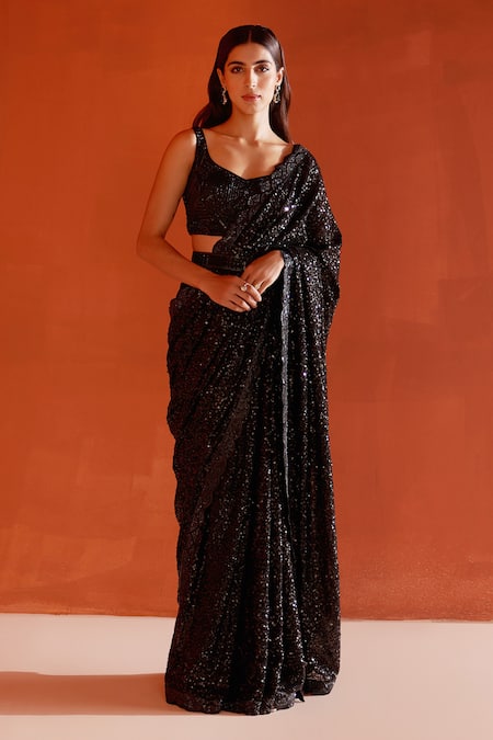 Angad Singh Black Georgette Embroidery Crystal Notched Saree With Blouse