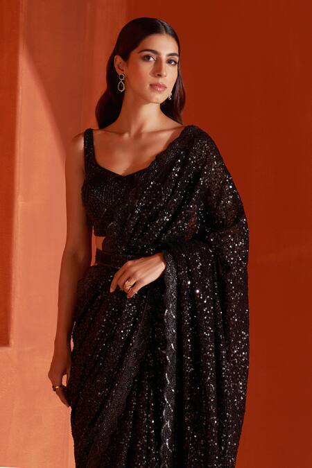 Angad Singh_Black Georgette Sequins, Crystals V-neck Embroidered Saree With Blouse _Online_at_Aza_Fashions